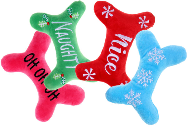 Pawskido Bone Shape Dog Christmas Toy - 4 Pack Plush Puppy Squeaky Holiday Toys