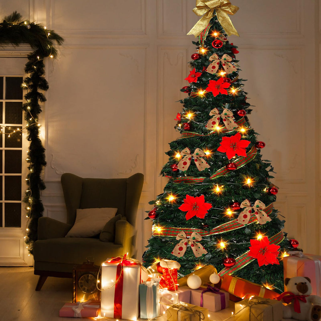 Umigy 6ft Pop Up Christmas Tree with Lights, Prelit Collapsible Christmas Tree with 200 Warm Lights Decorated Red Gold Ball Ornaments Bows Ribbons for Holiday Xmas Home Party Decor