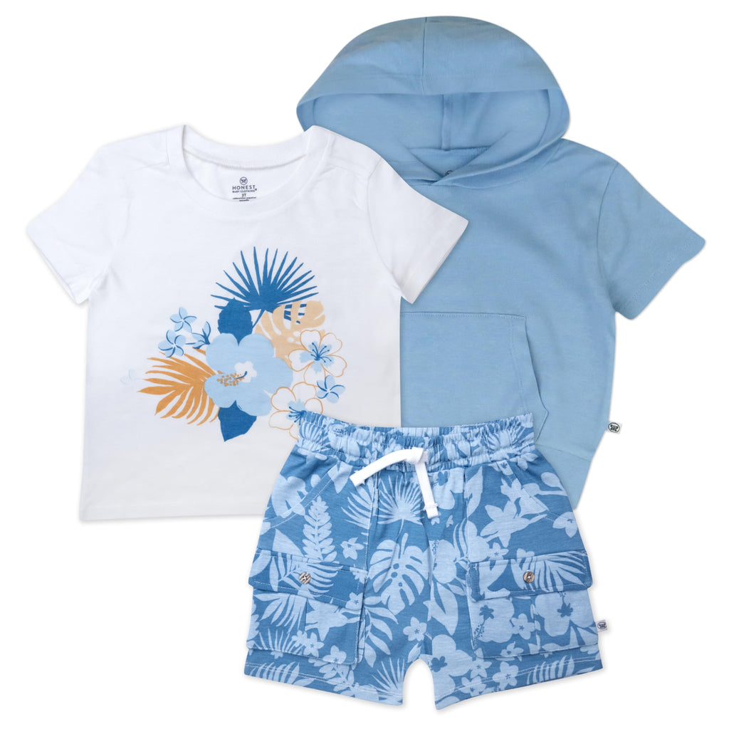 HonestBaby baby-boys 3 Piece Short Sleeve Top, Short and Hoodie Set for Infant Baby Boys, Girls, Unisex, Tropic Shadow Chambray, Newborn