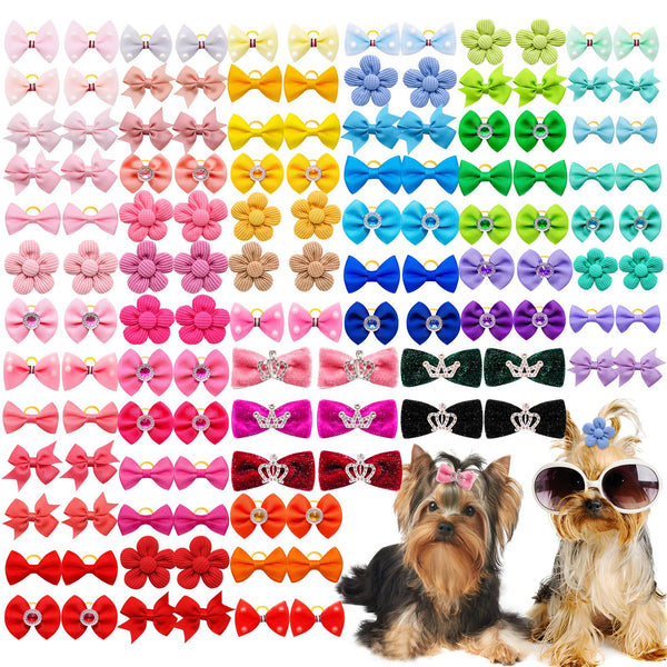 100pcs Assorted Cute Solid Color Dog Bows for Girl Small Medium Size Dog, Handmade Puppy Bowknot Hair Bow with Rhinestone Crown Designer and Mix Shapes, Hair Accessories Pet Grooming