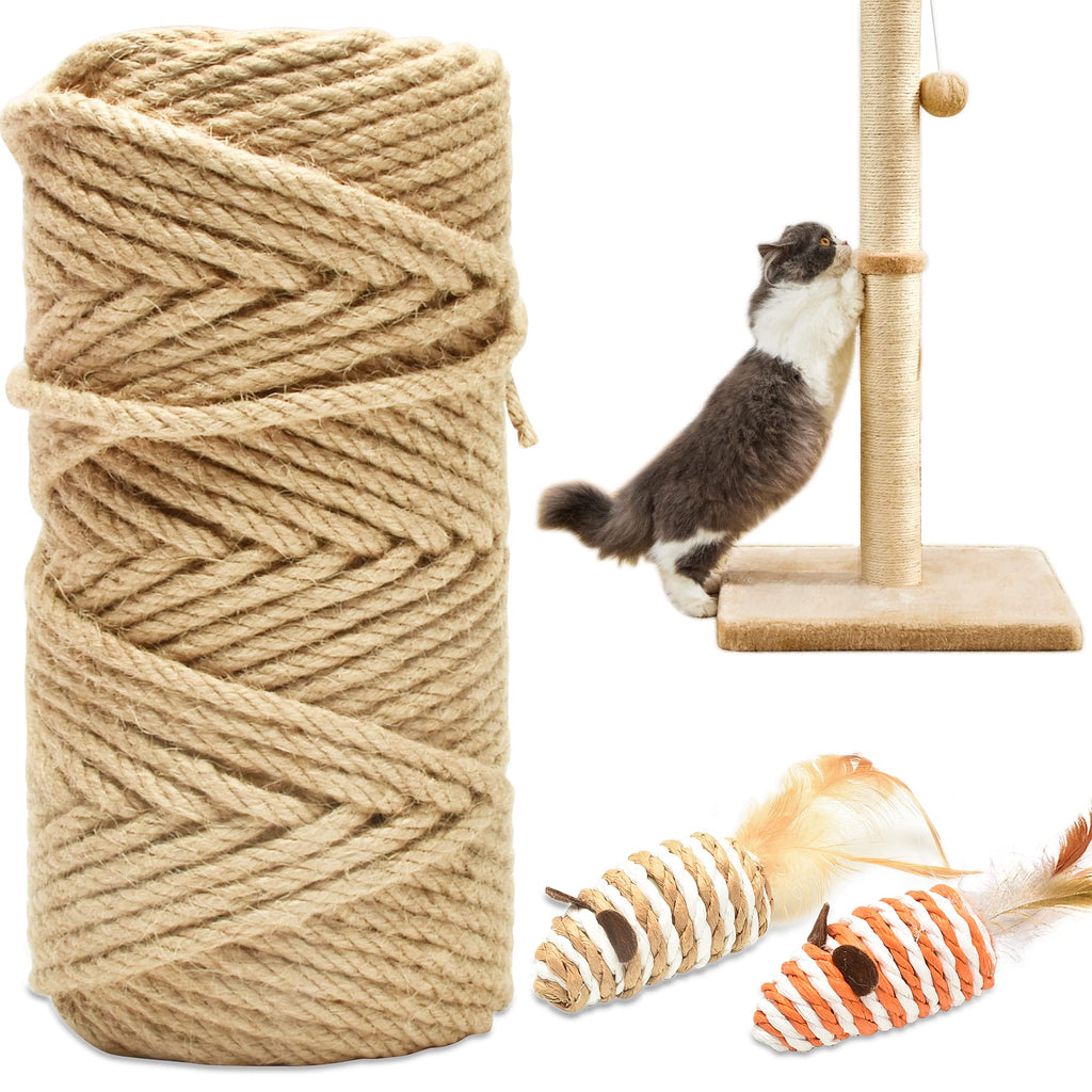 HezzLuv 164FT/50M Cat Scratching Sisal Rope, 6mm Thick Natural Jute Rope for Scratch Posts, Cat Trees, DIY Projects, Sisal Rope for Cat Scratcher with 2 Cat Mouse Toys (Natural, 164ft)