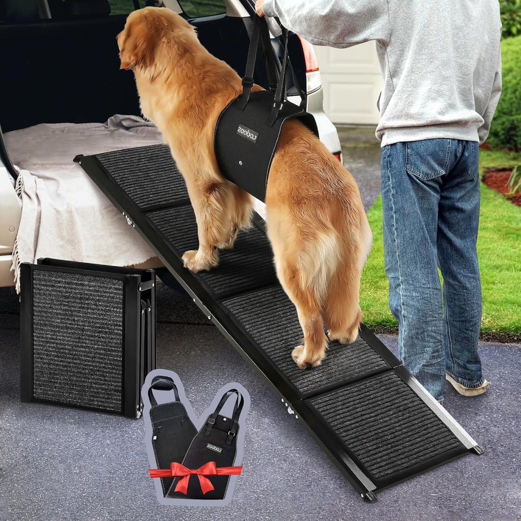 Zooba Dog Ramp for Truck, 71" Long & 20" Extra Wide Foldable Dog Ramp for Large Dogs - 280 lbs Capacity, Anti-Slip Felt Surface, Pet Ramp with Dog Lift Harness for Old Dogs - Durable and Portable