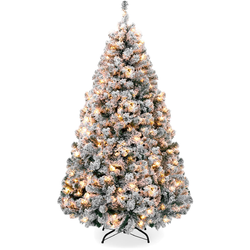 Best Choice Products Pre-Lit Artificial Christmas Tree, 6ft Snow Flocked Design Pine Tree, Full Appearance Snowy w/Easy Assembly, Metal Stand