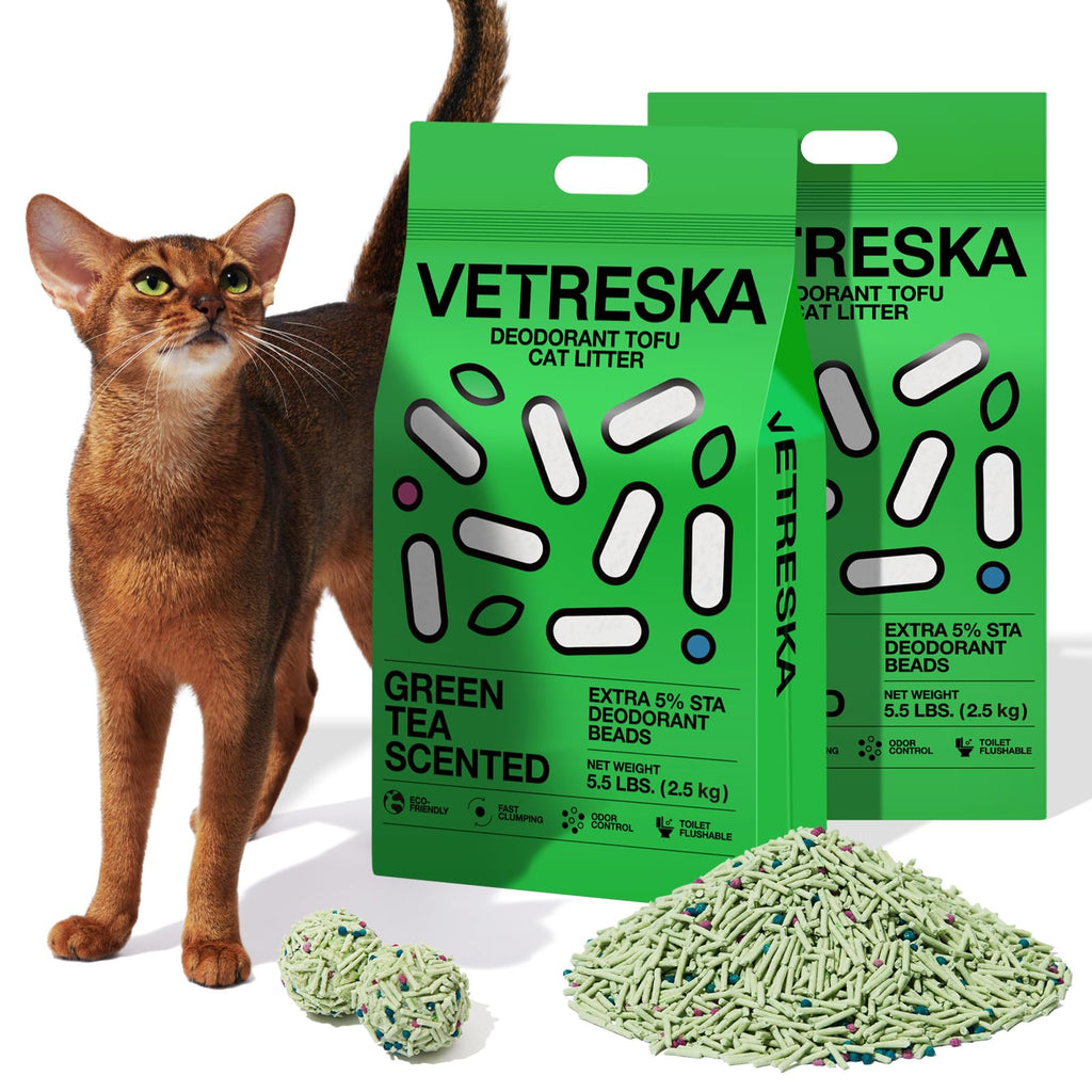 VETRESKA Tofu Cat Litter,Natural Kitty Litter Strong Clumping Flushable Cat Litter Pellets Ultra Absorbent,Odor Control,Dust-Free,Low Tracking Eco-Friendly Tofu Litter,Greentea(5.5lb×2bags)
