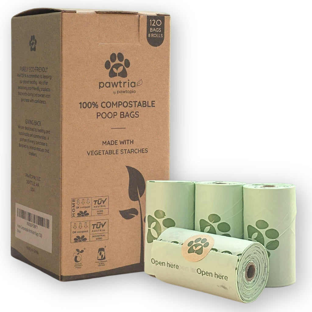 Pawtria Certified Home Compostable Dog Poop Bags (120 Bags), Biodegradable Poop Bags for Dogs, Cat Litter, Vegetable Starches, Eco-friendly Dog Waste Bags, Leakproof, Easy to Open, Give Back