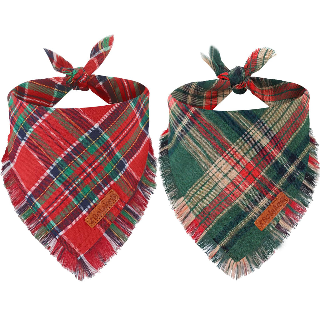 Merry Christmas Dog Bandanas with Tassels Edges Classic Stylish Plaid 2 Pack Christmas Xmas Dogs Bandana Pet Scarf Bibs Pet Scaf Christmas for Small Medium Large Dog Pets