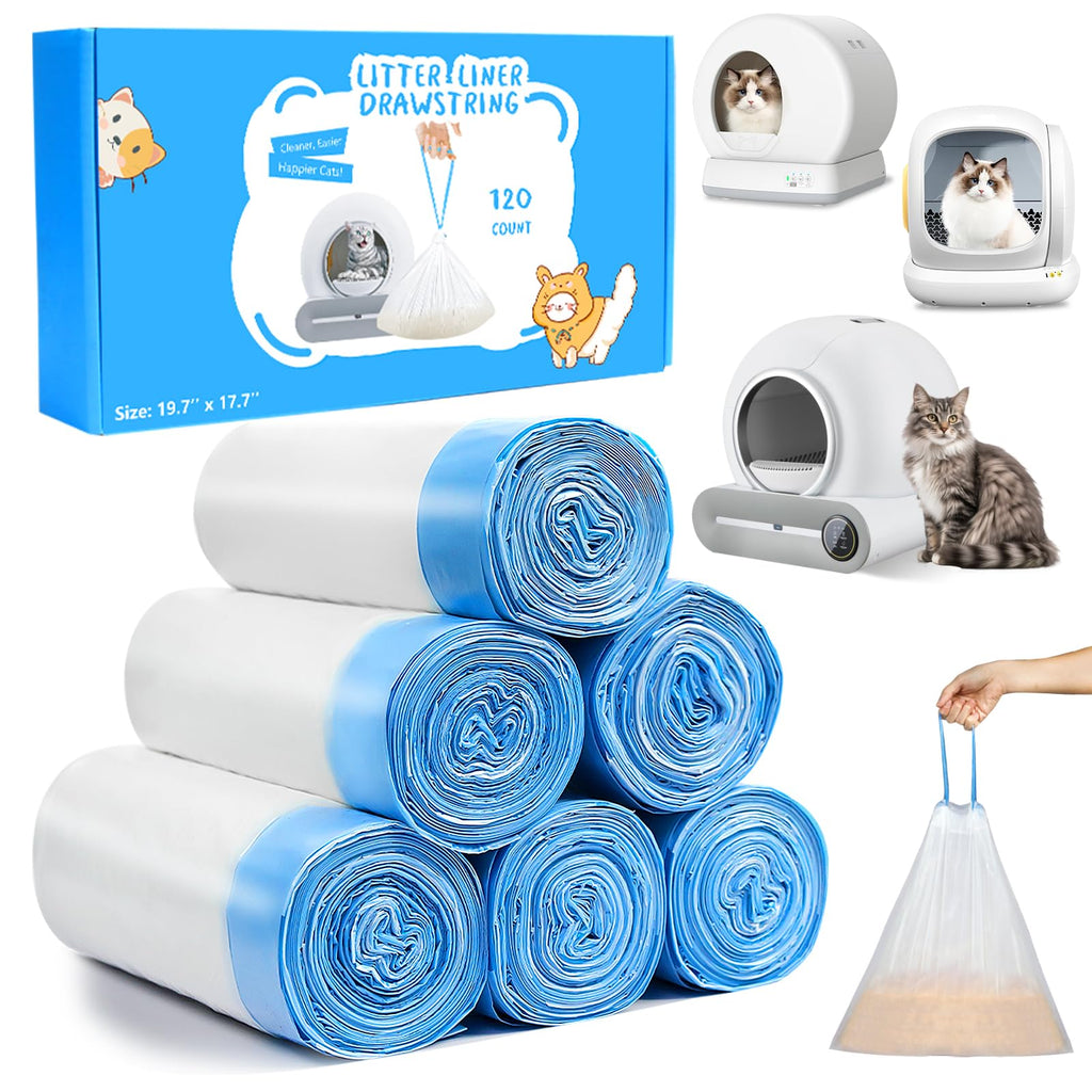 JYNSROU 120 Count Cat Litter Box Liners Bags for MeoWant MW-SC01 / MW-SC02, Extra-Thick Cat Waste Bags for Self-Cleaning Litter Box, Drawstring Self Cleaning Trash Bags -17.7" x 19.68"