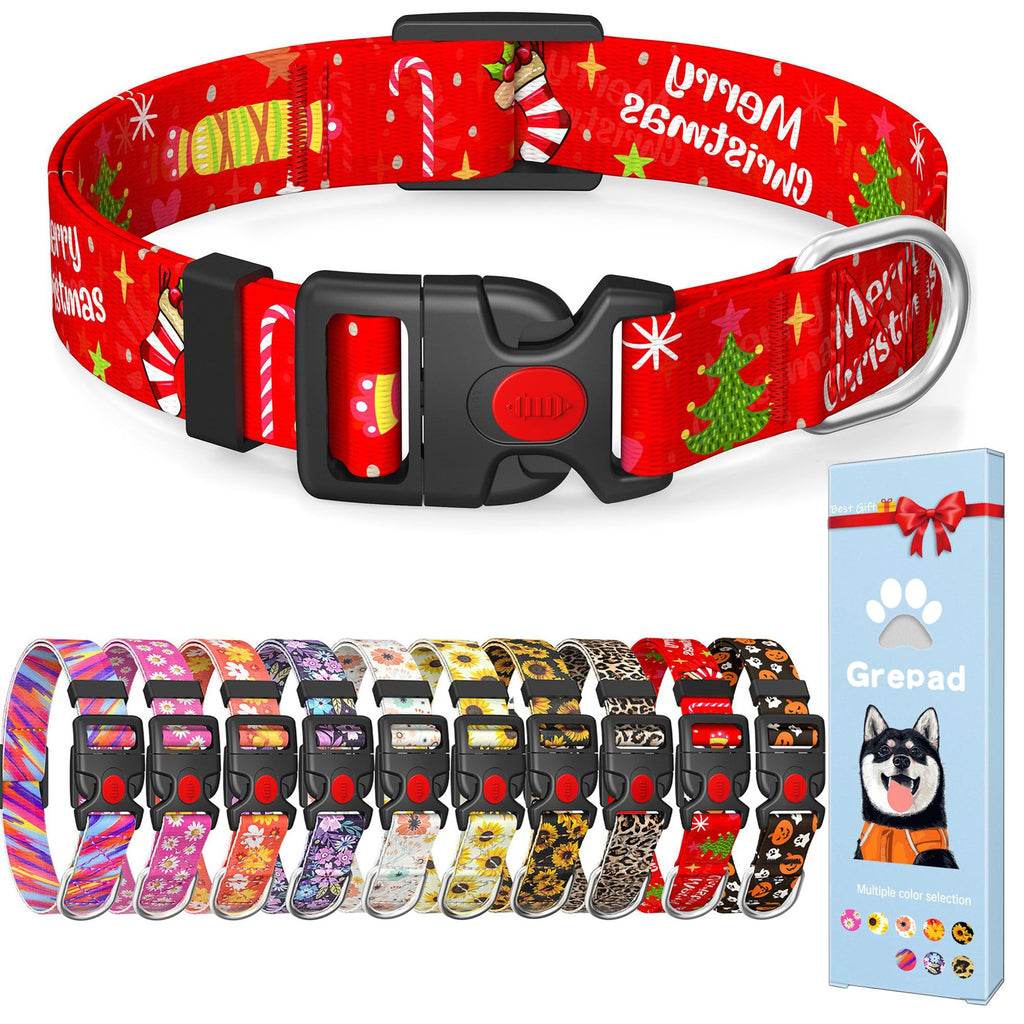 Grepad Christmas Floral Dog Collar for Small Medium Large Dogs,Girl Female Dog Collars Soft Patterns Adjustable Pet Collar with Quick Release Safety Buckle for Puppy Breed Boy Dogs,Christmas,M