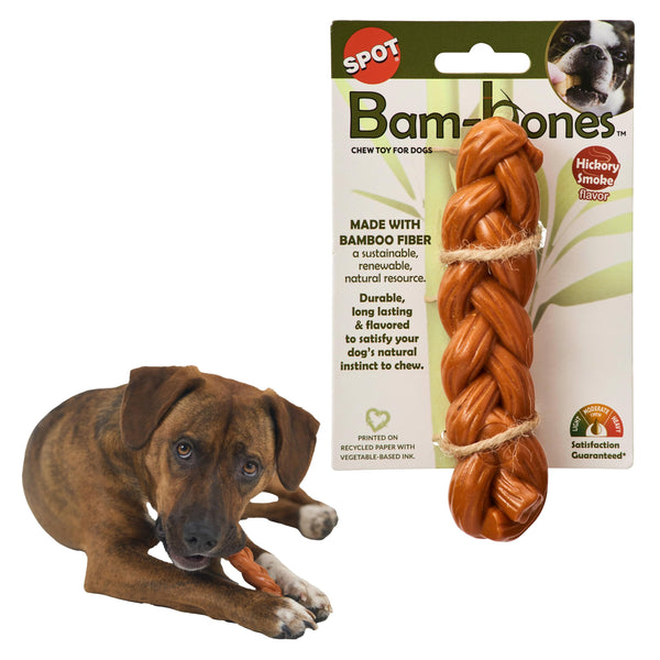 SPOT Bam-Bones Braided Stick - Made with Strong Bamboo Fiber, Durable Long Lasting Dog Chew Toy for Light to Moderate Chewers, for Dogs & Teething Puppies Under 30lbs, 5.75in, Hickory Smoke Flavor