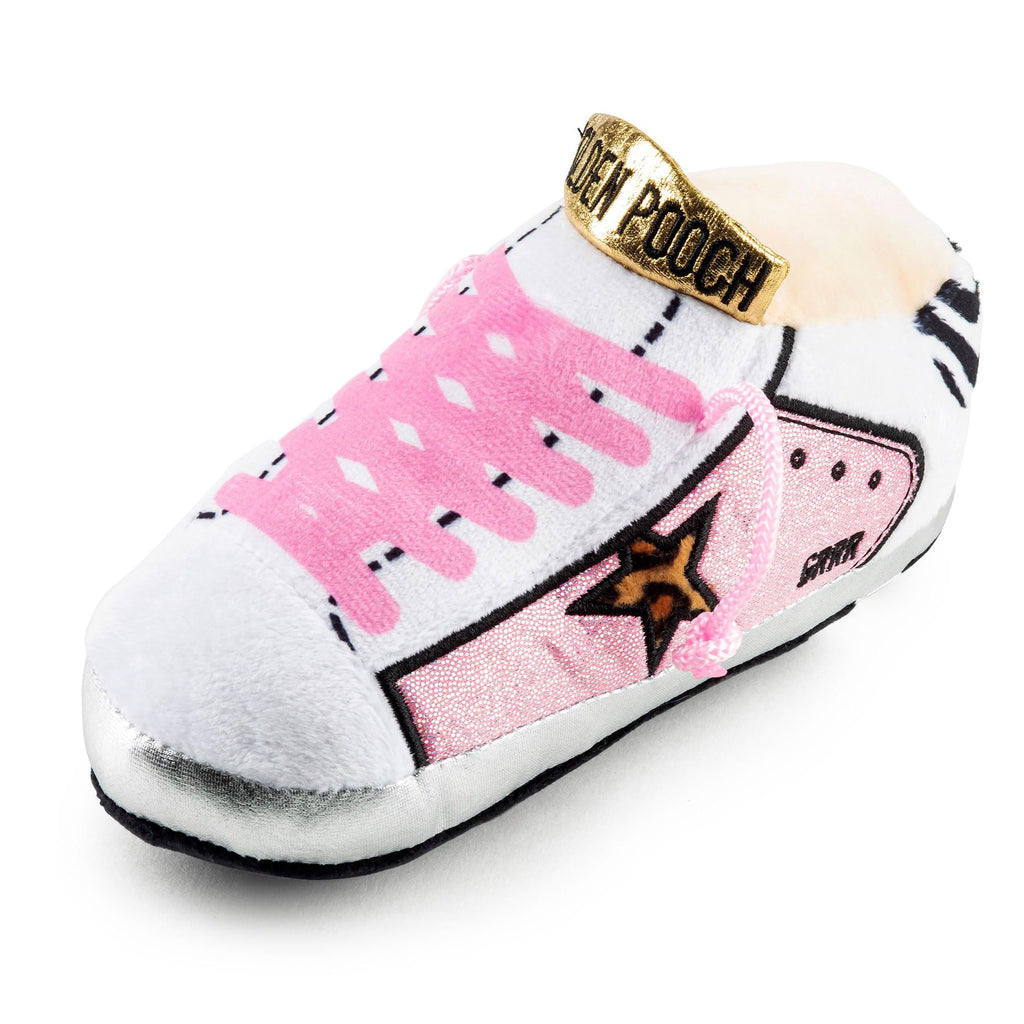Haute Diggity Dog Pink Golden Pooch Tennis Shoe, Plush Designer Dog Toys with Interactive Squeaker, Stimulating Pet Enrichment, Machine-Washable & Safe Materials for All Breeds, One Size