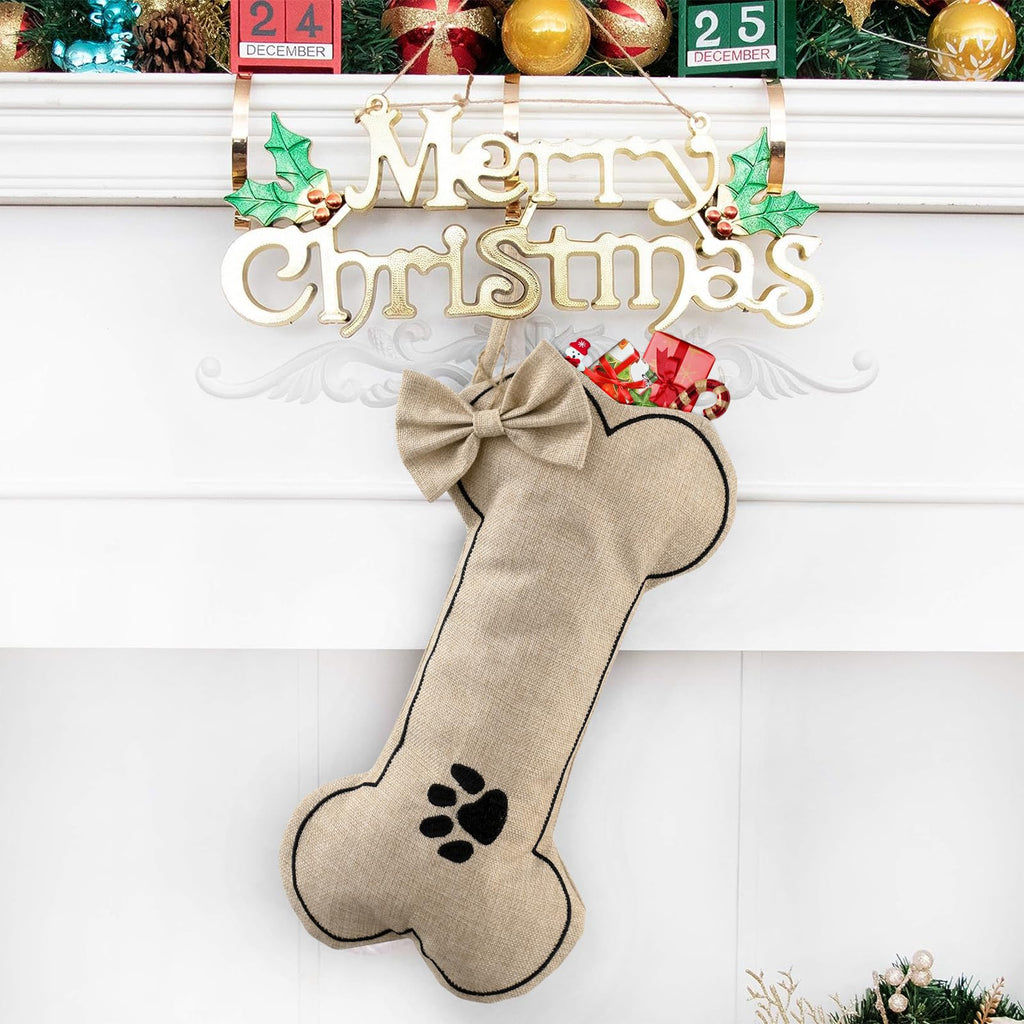 DYSHAYEN Dog Bone Christmas Stocking,Burlap Pet Dog Christmas Xmas Stocking,Pet Ornament(Dog-Paw)