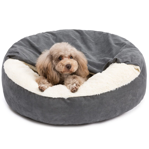 PELZIN 30" Medium Dog Bed for Medium Dogs Up to 45lbs - Washable Burrow Puppy Beds with Blanket Attached - Covered Dog Cave Bed with Anti-Slip Bottom - Charcoal Gray