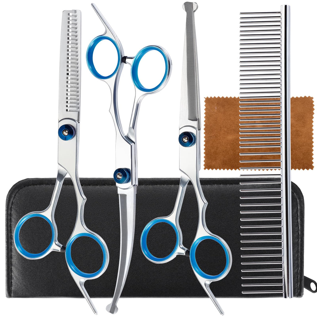 5 in 1 Premium Dog Grooming Scissors, Professional Dog Scissors for Grooming with Safety Round Tips, Lengnoyp Stainless Steel Thinning Shears, Dog Pet Cat Shears for Grooming Kit