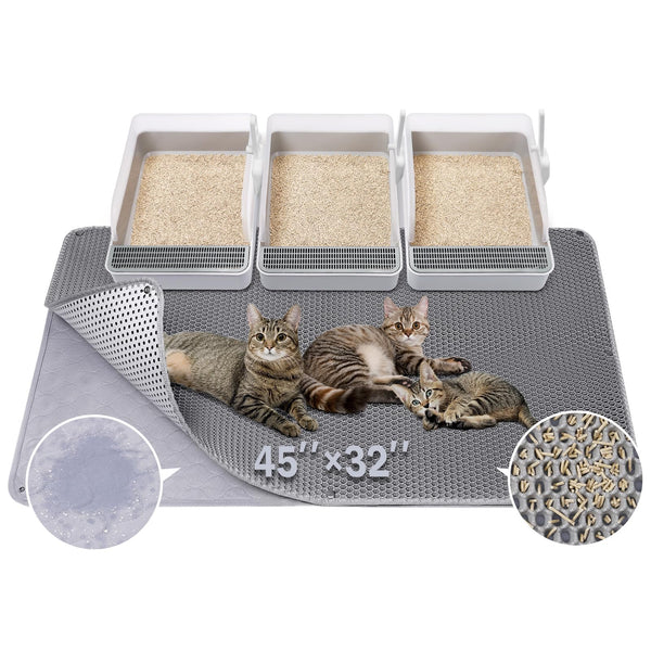 BurgeonNest 45"x32" Extra Large Cat Litter Mat, Honeycomb Double Layer Kitty Litter Trapping Mat, Urine Proof & Waterproof, Easy Clean, Machine Washable, Non-Slip, Scatter Control