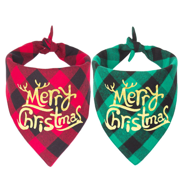 ADOGGYGO 2 Pack Dog Bandana Christmas Classic Plaid Triangle Pet Scarf Bibs Kerchief Merry Christmas Bandanas for Medium Large Dogs Pets