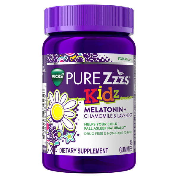 VICKS PURE Zzzs Kidz, Melatonin Sleep Aid Gummies for Kids and Children, Helps Your Child Fall Asleep Naturally, Low Dose Melatonin, 48 Gummies