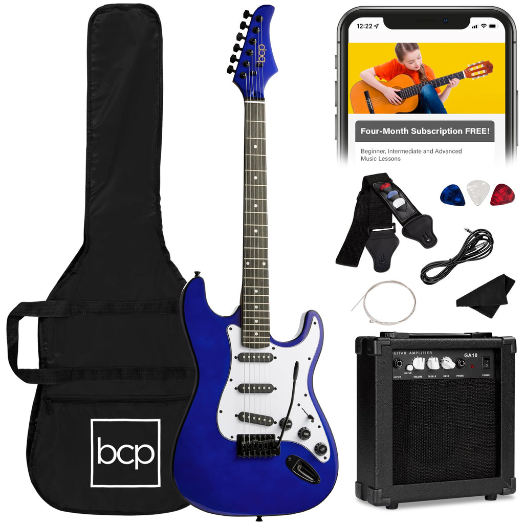 Best Choice Products 39in Full Size Beginner Electric Guitar Starter Kit w/Case, Strap, 10W Amp, Strings, Pick, Tremolo Bar - Metallic Blue