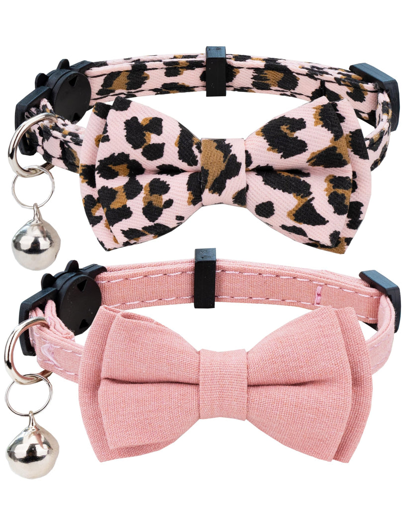 Gyapet Collar for Cat Pet Breakaway with Bell Bowtie Detachable Bow Adjustable Safety Kitten Puppy Girl Boy 2pcs Pink Leopard & Pure