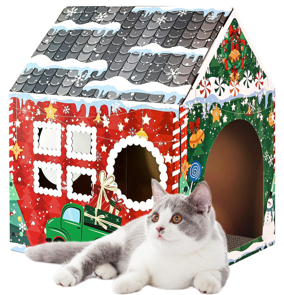 MUNILAIL Christmas Cardboard Cat House with Scratcher 16.5"x 13"x19" Christmas Cat Scratcher House for Indoor Cats’ Birthday Large Cat Scratcher Box