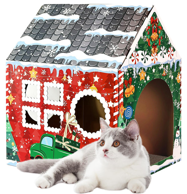MUNILAIL Christmas Cardboard Cat House with Scratcher 16.5"x 13"x19" Christmas Cat Scratcher House for Indoor Cats’ Birthday Large Cat Scratcher Box