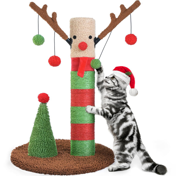 BOLUO Christmas Cat Scratching Post Deer Cat Trees for Adult Cats Scratcher Cute Toy Kitten Kitty Sisal Scratch with Teaser Ball Indoor 25 inch