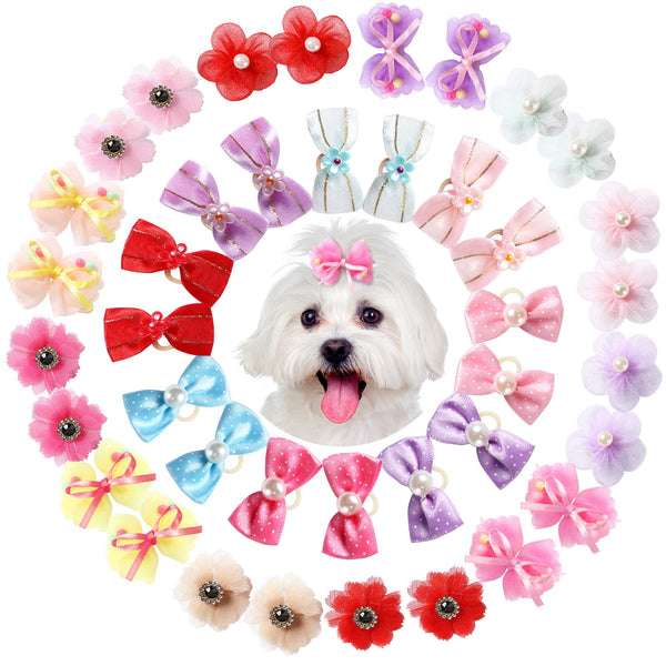 40 Handmade Dog Hair Bows - Cute Bowknot Accessories with Rubber Bands, Lace, Organza, Rhinestones and Pearls in Multicolor for Grooming