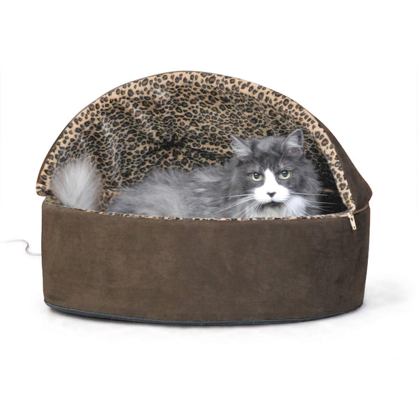 K&H Pet Products Thermo-Kitty Bed Deluxe Heated Cat Bed for Large Kitties - Indoor Heated Pet Bed for Dogs & Cats, Covered Cave Pet Tent, Machine Washable, Safety Listed - Large 20in Mocha/Leopard