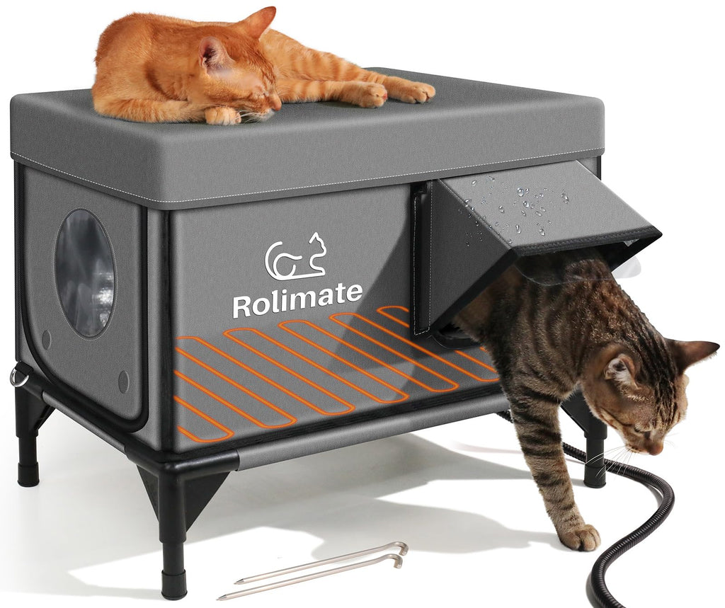 Heated Cat House for Outside,Extremely Insulated & Weatherproof in Winter,Elevated Outdoor Cat Shelter with Waterproof Eaves&Escape Door for Feral Stray Barn Cat(Dark Grey, M:20.67" Lx12.6 Wx15.7 Th)