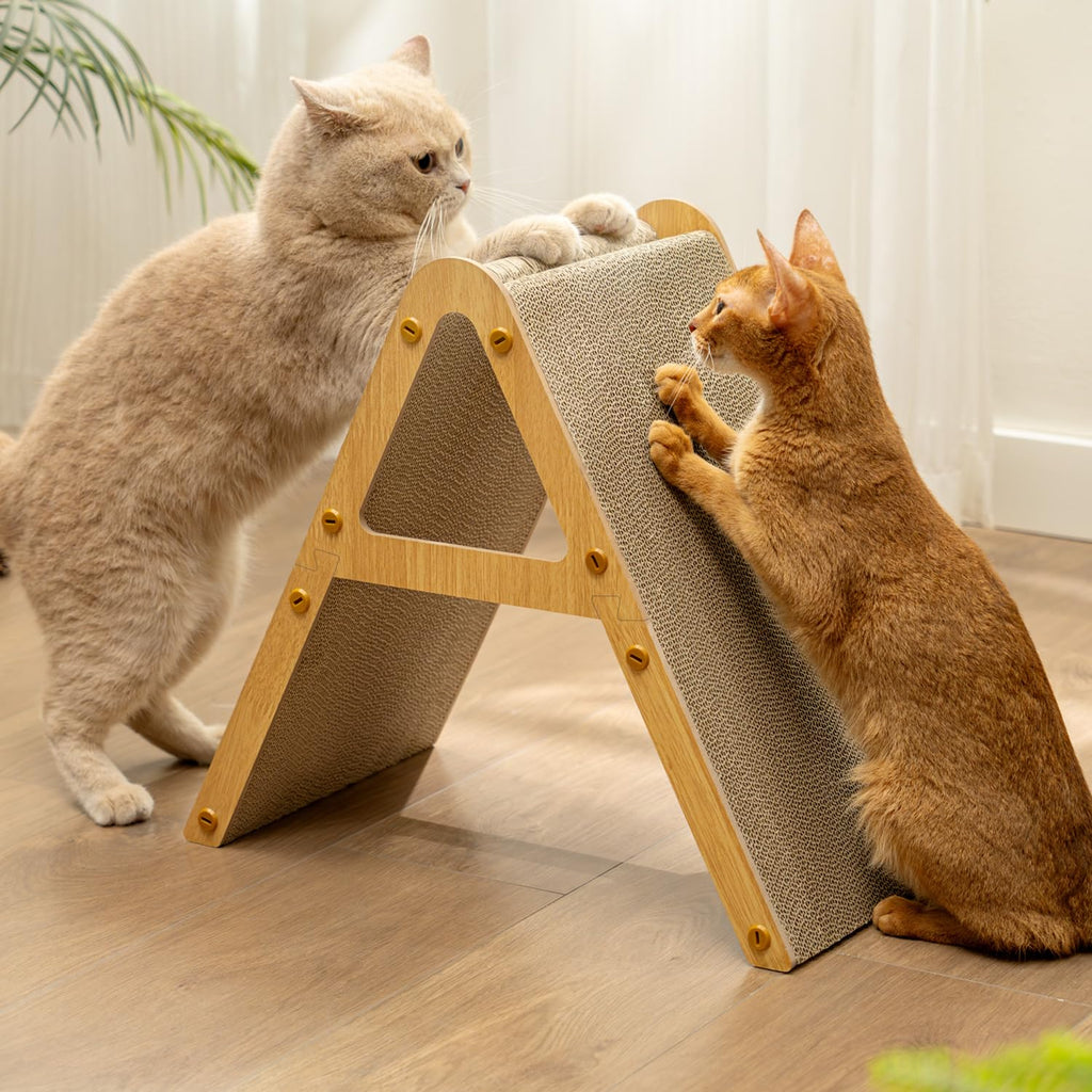Conlun A-Frame Cat Scratching Board, Recycled Cardboard & Wood Frame, Dual-Sided Vertical Horizontal Cat Scratcher for Indoor Kittens, Space-Saving Furniture Protector for Sofa Walls, Light Wood