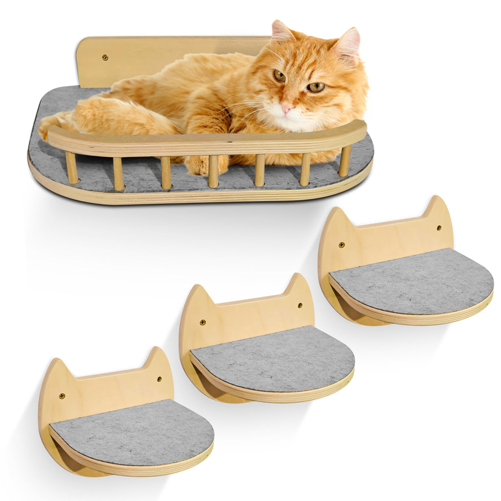 BUOGA Cat Wall Shelves with 3 Steps – Modern Mounted Cat Wall Furniture & Shelf, Premium Hardwood Cat Bed for Climbing, Sleeping & Lounging, Indoor Hammock for Large Cats