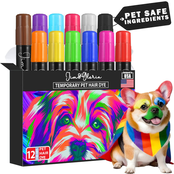 Jim&Gloria Washable Dog Hair Dye Markers, Pet Safe Grooming Kit, Temporary Fur Paint Animal Pens for Small to Large Boy and Girl Puppy Stuff Accessories, Birthday Gifts to Cat Lovers Set of 12 Color