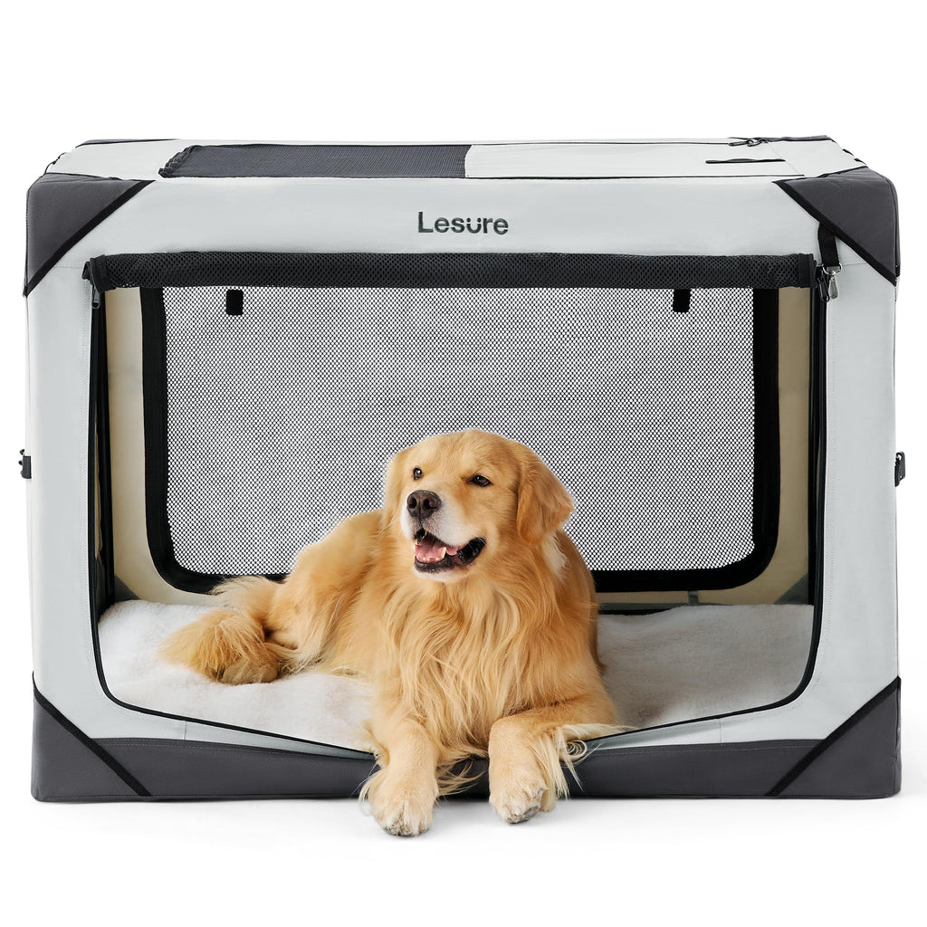 Lesure Collapsible Dog Crate - Portable Travel Kennel for Extra Large Dog, 4-Door Pet Crate with Durable Mesh Windows, Indoor & Outdoor, Light Gray