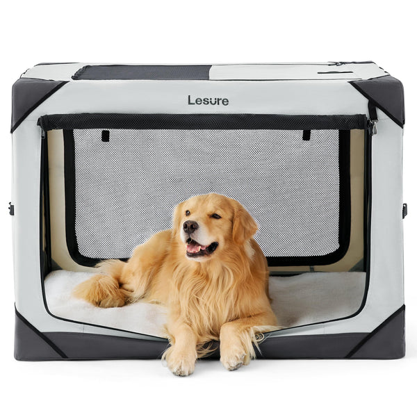 Lesure Collapsible Dog Crate - Portable Travel Kennel for Extra Large Dog, 4-Door Pet Crate with Durable Mesh Windows, Indoor & Outdoor, Light Gray
