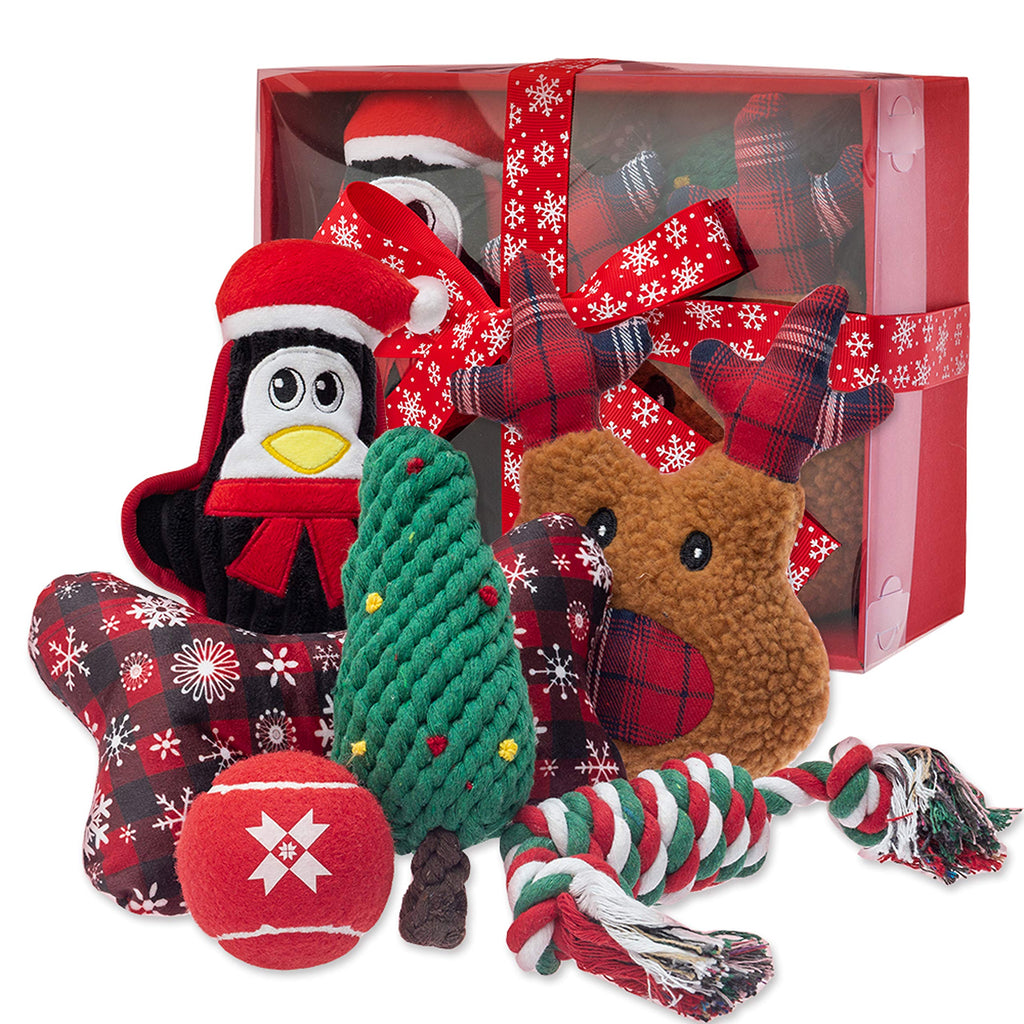 IPRAVOCI Christmas Dog Toys - Squeaky & Rope Chew Toys & Red Tennis Ball - 6 Pack Interactive Christmas Pet Toys for Small to Large Dogs
