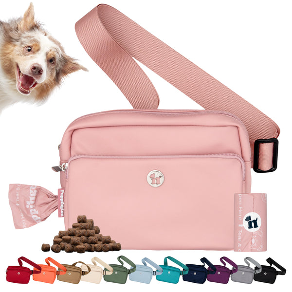 Puppington 3-in-1 Crossbody Dog Walking Bag & Treat Pouch with Matching Planet Safe Poop Bags & Built-In Dispenser - Zippered Pockets (Blush Pink)
