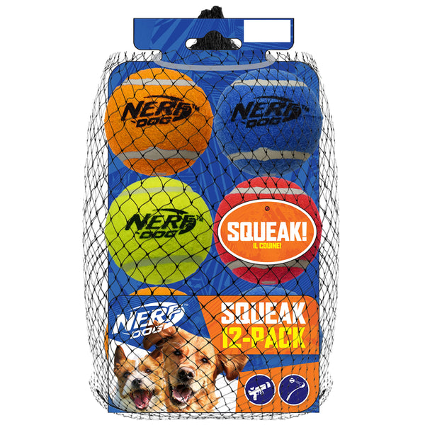 Nerf Dog 12-Piece Dog Toy Gift Set, Includes 2.5in Squeak Tennis Ball 12-Pack, Nerf Tough Material, Multicolored for All Breed Sizes