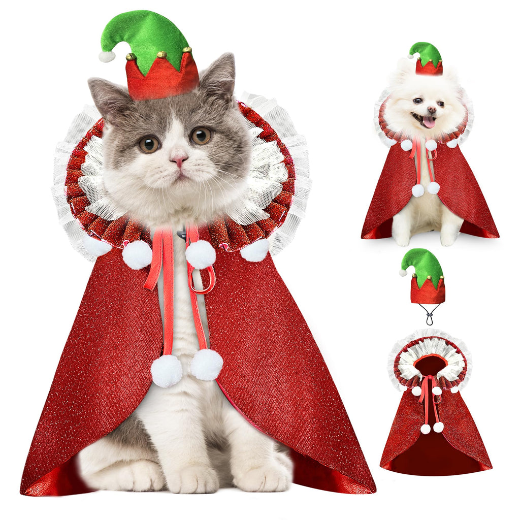 KOUPA Pet Christmas Costume with Hat, Dog Halloween Clothes Cosplay Wizard Cloak for Small Puppy Kitten Animal, Shiny Cat Outfit Suit for Party Holiday, Red