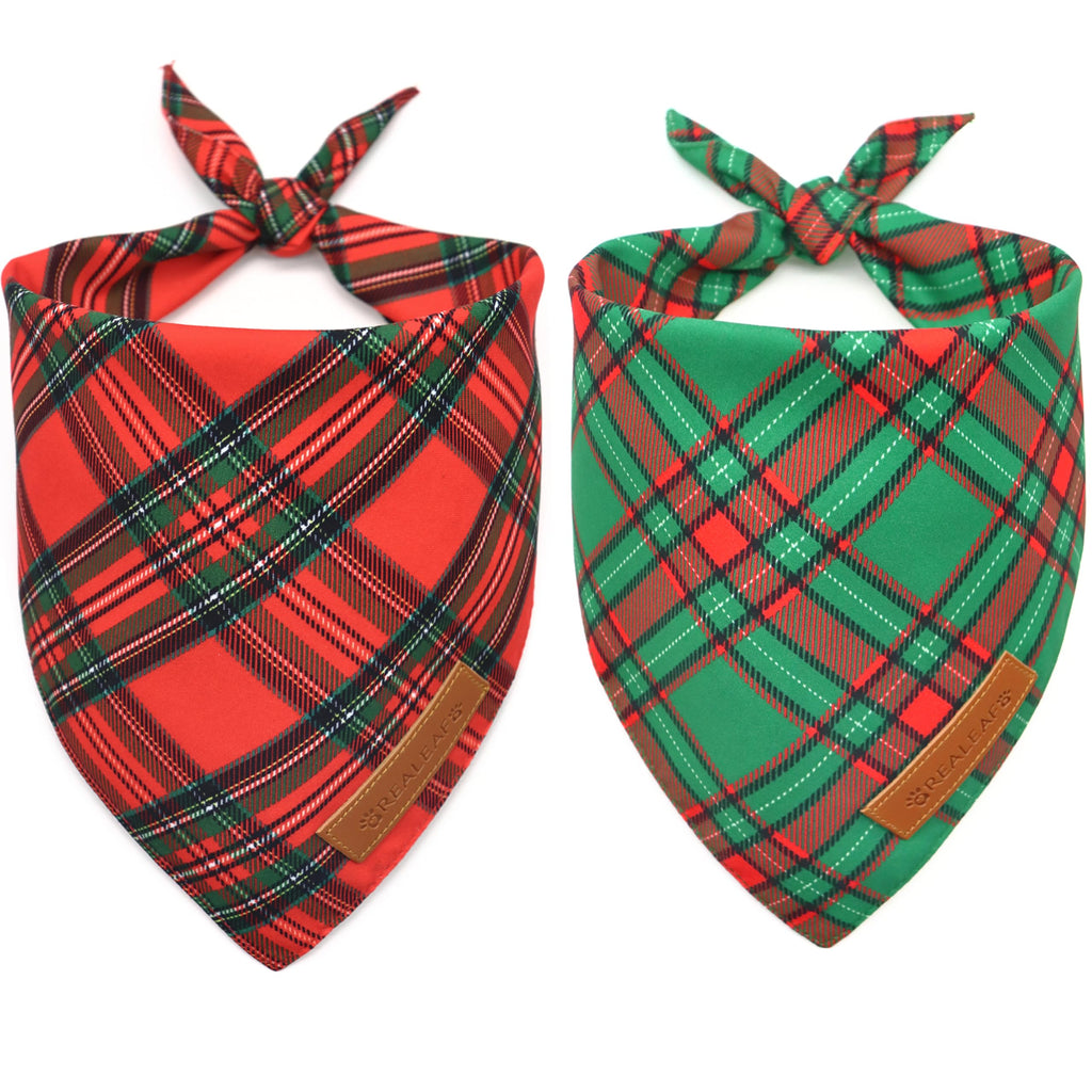 Realeaf Christmas Dog Bandanas 2 Pack, Reversible Red Green Plaid Dog Scarf, Xmas Pet Bandana for Boy and Girl, Premium Durable Fabric, Holiday Check Bandana for Medium and Large Dogs Pets (Large)