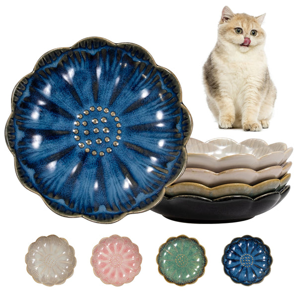 Qucey Ceramic Food Plate Set of 4, 5.5 Inch Shallow Cat Bowl Whisker Friendly, Flat Dishes for Wet Food, Microwave and Dishwasher Safe