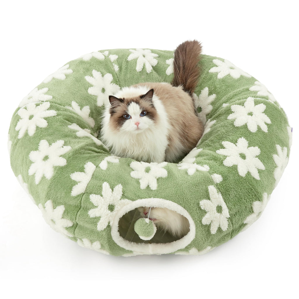 Lesure Cat Tunnel Bed for Indoor Cats - Cute Cat Donut Tunnel Toys with Washable Circle Cushion, Round Pet Peekaboo Cave Toy for Kitten/Puppy/Rabbit, Standard Green