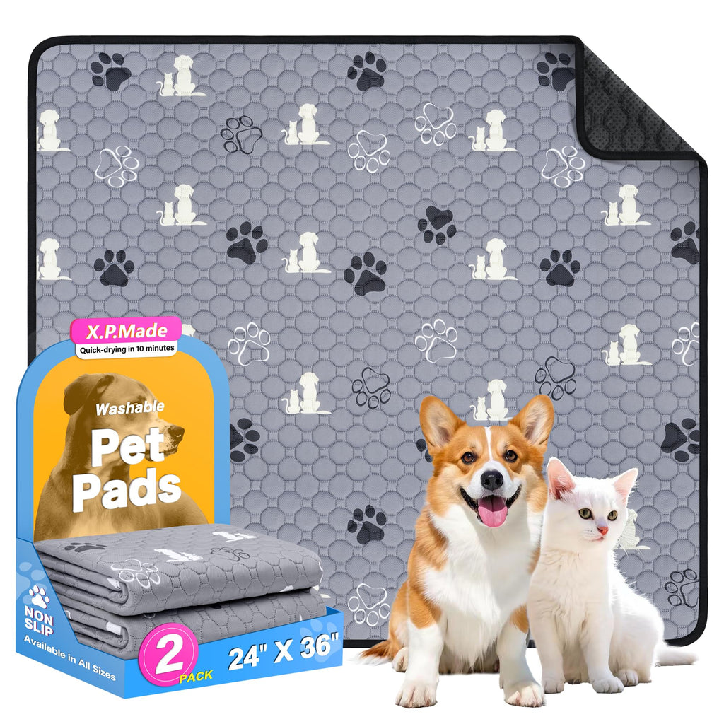 Washable Pee Pads for Dogs, 2 Pack Reusable Puppy Pads, Waterproof Pet Pee Pads for Dog Potty Training, Extra Large Dog Pee Pads for Crate, Playpen, and Whelping, Durable and Absorbent, Grey 24"x36"