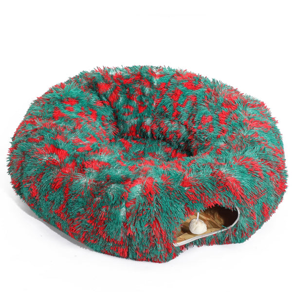 LUCKITTY Christmas Warm Fluffy Plush Cat Dog Tunnel Bed with Washable Cushion- Big Tube Playground Toys 3 FT Diameter Collapsible, for Indoor Cat Kitty Kitten Puppy Rabbit Ferret, Green Red