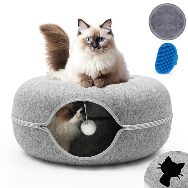 Frankfurs Cat Cave Bed for in Indoor Cats, Scratch Resistant, Detachable & Washable Cat Tunnel Bed, Cat Donut Bed, Cat Play Tunnel with Hanging Toy for Small Pets (Grey, Medium), Mediume