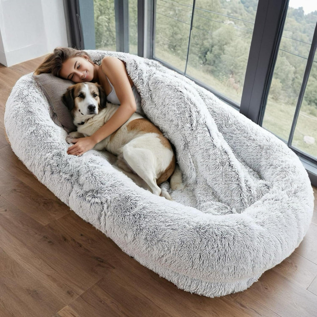 Human Dog Bed for Adults and Pets, 72"x46"x9" Extra-Large Comfortable Bed with Storage Pocket and Soft Blanket, Washable and Waterproof (Gray, XXX-Large)