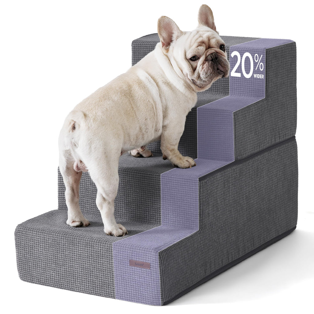 Lesure Dog Stairs for High Bed 22" H x 18" W Extra Wide 4-Step Foam Pet Steps Foldable for Small Dogs and Cats with Supporting Board and Non-Slip Bottom, Grey