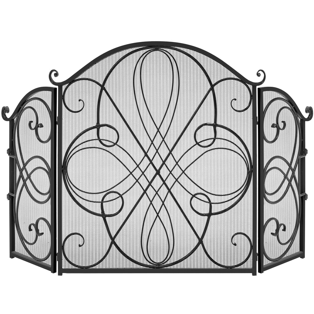 Best Choice Products 3-Panel 55x33in Solid Wrought Iron See-Through Metal Fireplace Screen, Spark Guard Safety Protector w/Decorative Scroll - Black
