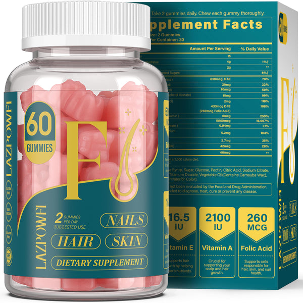 Lazpowfi Biotin Gummies -Hair Skin and Nails Vitamins for Men & Women, Vegan Vitamin B7, Supports Hair Growth and Stronger Nails,30 Day Supply - Raspberry-60 Count