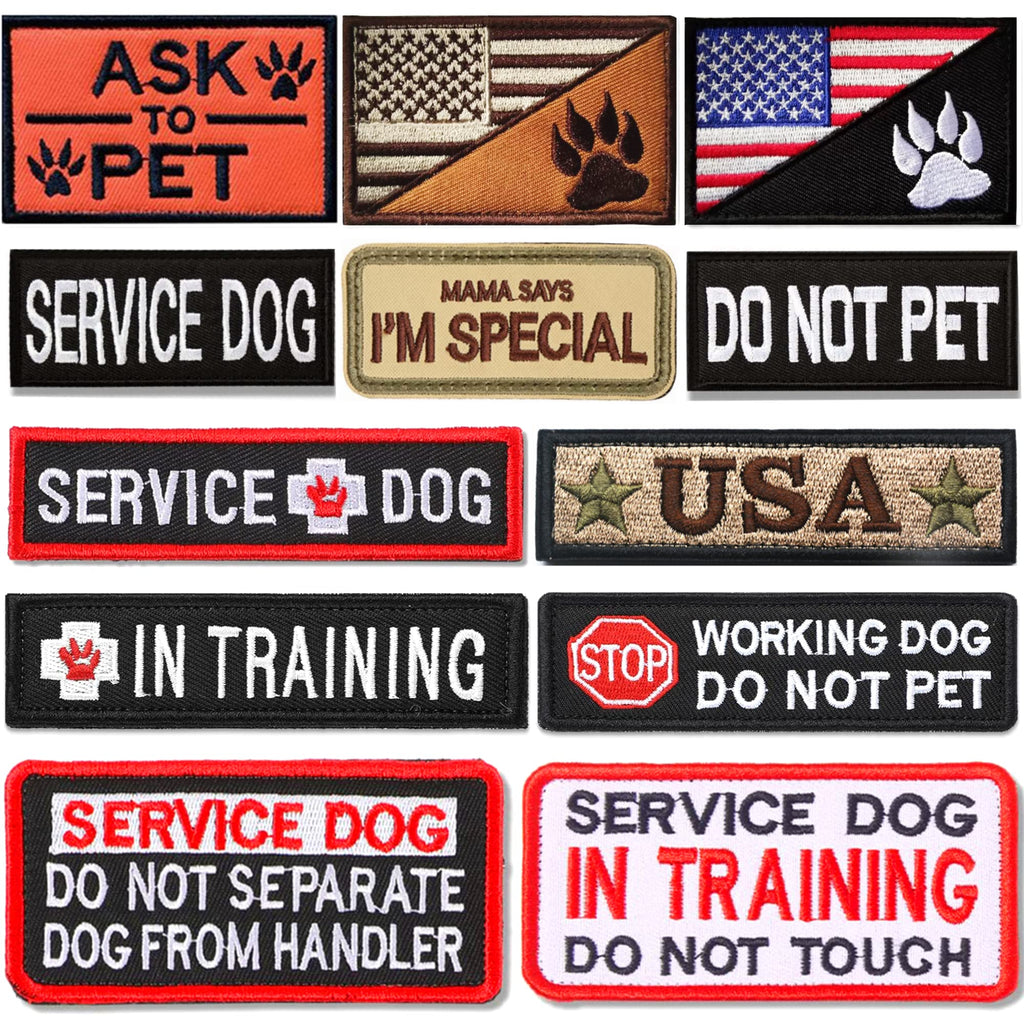 12 PCS Service Dog Patches Removable Tactical Hook Loop Harness Embroidered in Training Patch Do Not Pet Working Dog Patch for Vest Harnesses Collars Leashes