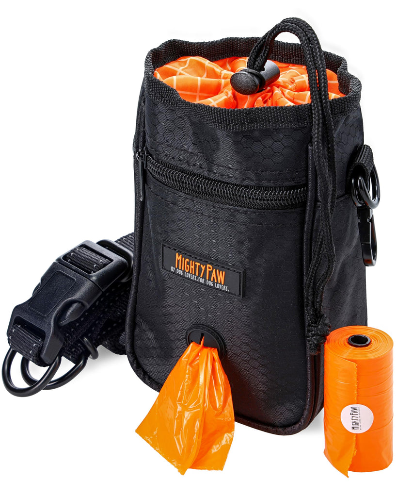Mighty Paw Dog Treat Bag - Drawstring Closure Pouch - Includes Carabiner Hook and Pick-up Bags - With Reflective Belt - Dog Training Treats Pouch (Black)