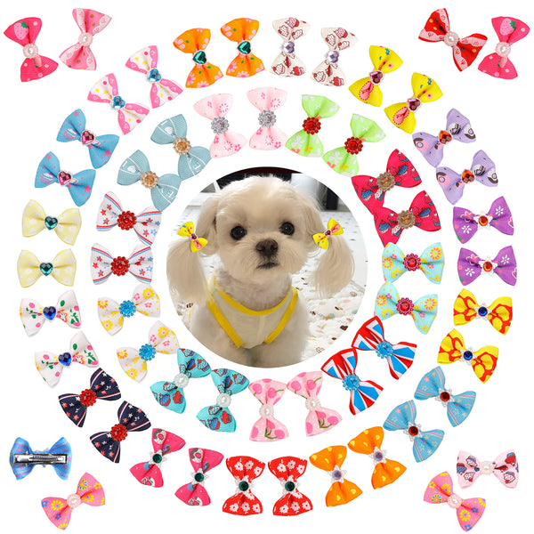 Petbuy 60Pcs Puppy Dogs Hair Clips with Metal Clips, Rhinestone Tiny Bowknot Hair Bows for Cat Puppy Party Birthday, Handmade Hair Accessories Pet Grooming, 30Pairs (Mixed Colors)